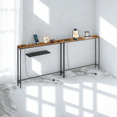 FURNOLD Set Of 2 Industrial Console Table With Charging Station Rustic Brown - image 1