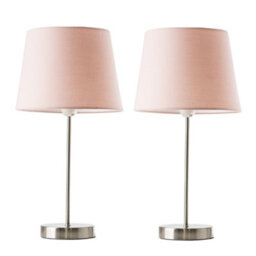 Valuelights Charles Pair Of Brushed Chrome Table Lamps With Pink Tapered Shade - thumbnail 1