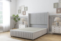 "Sloomy Marlborough Silver Plush Divan Bed Base 2 Drawers Foot-End-54"" Wingback Headboard & 12"" Footboard 5' King" - thumbnail 1