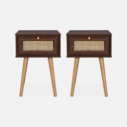Sweeek - Set Of 2 Dark Wood And Cane Effect Bedside Tables With 1 Drawer - thumbnail 2