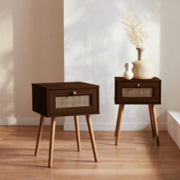Sweeek - Set Of 2 Dark Wood And Cane Effect Bedside Tables With 1 Drawer - thumbnail 1