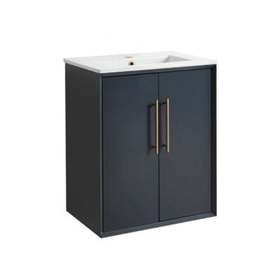 Homestylestore Anthracite 610mm Wall Hung Bathroom Vanity Unit With Basin And Brushed Brass T Bar Handle - image 1