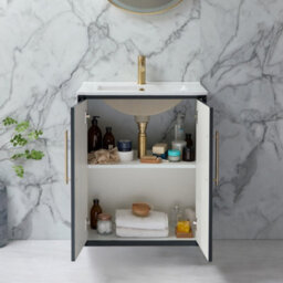 Homestylestore Anthracite 610mm Wall Hung Bathroom Vanity Unit With Basin And Brushed Brass T Bar Handle - thumbnail 2