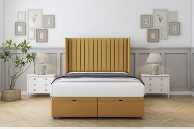 "Comfort Chester Mustard Plush Ottoman Bed Base With 54"" Wingback Headboard 5' King" - image 1