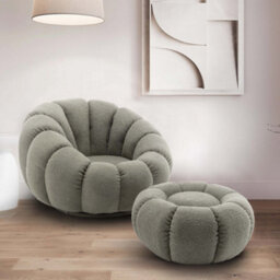 Teddy Boucle Fabric Sage Green Swivel Accent Chair With Footstool
