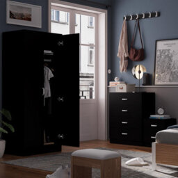 Fwstyle 2 Door Double Wardrobe Black Finish Easy Grip Metal Handles - thumbnail 2