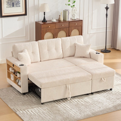 Btm Corduroy Sofa Bed With Storage, Pull Out Sleeper, Usb Charging, Led Lighting, Cup Holders And Wide Armrests Beige - image 1