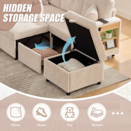 Btm Corduroy Sofa Bed With Storage, Pull Out Sleeper, Usb Charging, Led Lighting, Cup Holders And Wide Armrests Beige - thumbnail 9