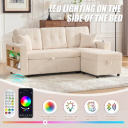 Btm Corduroy Sofa Bed With Storage, Pull Out Sleeper, Usb Charging, Led Lighting, Cup Holders And Wide Armrests Beige - thumbnail 8