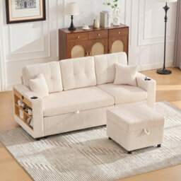Btm Corduroy Sofa Bed With Storage, Pull Out Sleeper, Usb Charging, Led Lighting, Cup Holders And Wide Armrests Beige - thumbnail 2