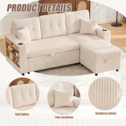Btm Corduroy Sofa Bed With Storage, Pull Out Sleeper, Usb Charging, Led Lighting, Cup Holders And Wide Armrests Beige - thumbnail 6