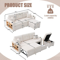 Btm Corduroy Sofa Bed With Storage, Pull Out Sleeper, Usb Charging, Led Lighting, Cup Holders And Wide Armrests Beige - thumbnail 3