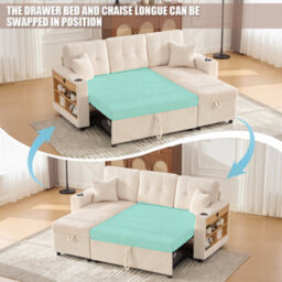 Btm Corduroy Sofa Bed With Storage, Pull Out Sleeper, Usb Charging, Led Lighting, Cup Holders And Wide Armrests Beige - thumbnail 5