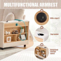 Btm Corduroy Sofa Bed With Storage, Pull Out Sleeper, Usb Charging, Led Lighting, Cup Holders And Wide Armrests Beige - thumbnail 7