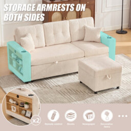 Btm Corduroy Sofa Bed With Storage, Pull Out Sleeper, Usb Charging, Led Lighting, Cup Holders And Wide Armrests Beige - thumbnail 4