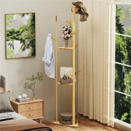 3 Shelf Bamboo Clothes Rack Corner Coat Stand Hanger Tree - thumbnail 7