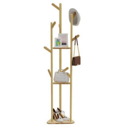 3 Shelf Bamboo Clothes Rack Corner Coat Stand Hanger Tree - thumbnail 1