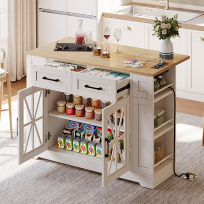 Abrihome Versatile Mobile Kitchen Island With Foldable Top, Power Sockets, Glass Door & Adjustable Shelves, 120X65X92Cm, For Home - image 1