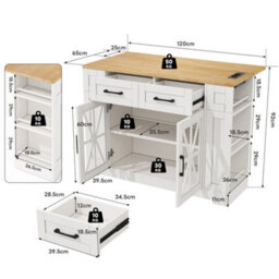 Abrihome Versatile Mobile Kitchen Island With Foldable Top, Power Sockets, Glass Door & Adjustable Shelves, 120X65X92Cm, For Home - thumbnail 3