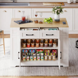 Abrihome Versatile Mobile Kitchen Island With Foldable Top, Power Sockets, Glass Door & Adjustable Shelves, 120X65X92Cm, For Home - thumbnail 2