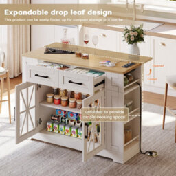 Abrihome Versatile Mobile Kitchen Island With Foldable Top, Power Sockets, Glass Door & Adjustable Shelves, 120X65X92Cm, For Home - thumbnail 6