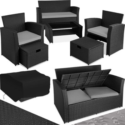 Tectake Garden Furniture Set Modena- Sofa With Storage, Armchairs, Stools, Coffee Table - Black/grey - image 1
