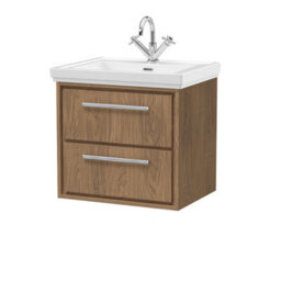 Hudson Reed Lille Wall Hung Two Drawer Contemporary Vanity Unit With 1 Tap Hole Basin In Antique Oak, 630 X 471mm - thumbnail 1