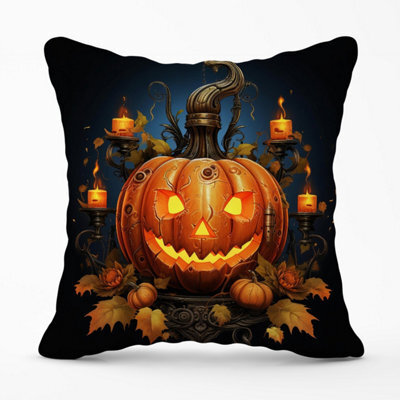 Warren Reed Designer Spooy Pumpkin With Leaves And Small Candles Outdoor Cushion 45Cm X 45Cm - image 1