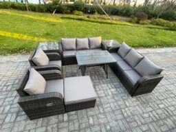 Fimous 9 Seater Rattan Outdoor Garden Furniture Sofa Set Patio Table & Chairs Set With 3 Seater Sofa Rectangular Dining Table - thumbnail 2