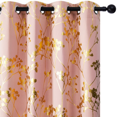 Deconovo Foil Printed Golden Tree Blackout Curtains Eyelet Curtains For Living Room Coral Pink W46 X L72 Inch 2 Panels