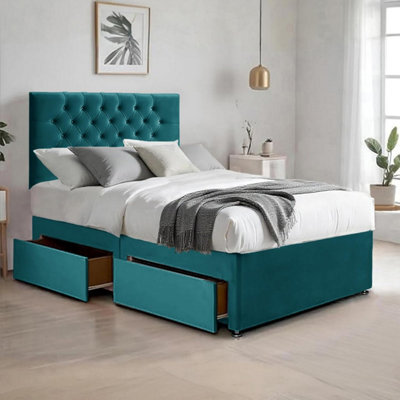 Green Plush 6Ft Super King Size Bed With Matttress  2 Storage Drawers And 20 Inch Chesterfield Headboard - image 1