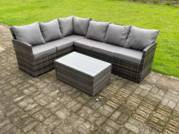 Fimous High Back Dark Mixed Grey Rattan Corner Sofa Set Outdoor Furniture Rectangular Coffee Table 6 Seater - thumbnail 2