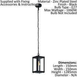 Ip44 Outdoor Black Box Lantern Pendant Light With Chain For E27 Bulb - thumbnail 2