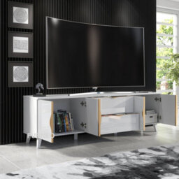 Furneo White Tv Stand 180Cm Unit Cabinet Matt & High Gloss Azzurro 10 Brushed Gold Handles With Blue Led Lights - thumbnail 2