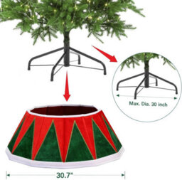 Drum Christmas Tree Skirt Red & Green With White Velvet Trim Folding Tree Base Collar Basket Luxurious Holiday Decoration - thumbnail 6