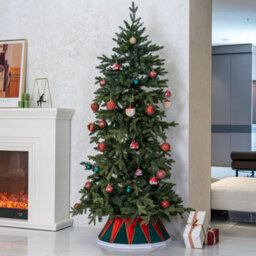 Drum Christmas Tree Skirt Red & Green With White Velvet Trim Folding Tree Base Collar Basket Luxurious Holiday Decoration - thumbnail 2