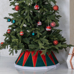 Drum Christmas Tree Skirt Red & Green With White Velvet Trim Folding Tree Base Collar Basket Luxurious Holiday Decoration