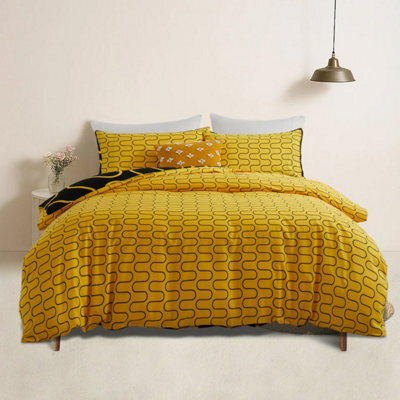 Bedlooms Ochre & Black Wave Printed Duvet Cover Set, Reversible & Hypoallergenic Bedding Pack, Super King 226X220Cm - image 1