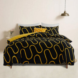 Bedlooms Ochre & Black Wave Printed Duvet Cover Set, Reversible & Hypoallergenic Bedding Pack, Super King 226X220Cm - thumbnail 2