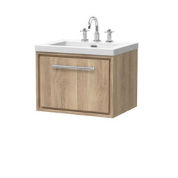 Hudson Reed Lille Wall Hung Single Drawer Contemporary Vanity Unit With 3 Tap Hole Basin In Bleached Oak, 613 X 462mm - thumbnail 1