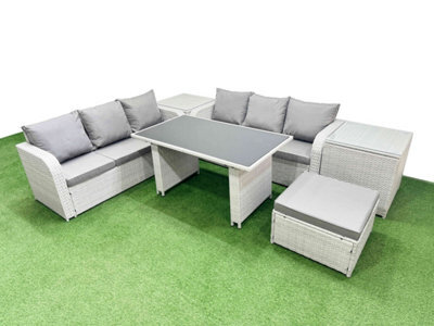 Fimous 7 Seater Rattan Outdoor Dining Table 3 Seater Sofa Set With 2 Side Tables Big Stool Light Grey - image 1