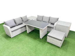 Fimous 7 Seater Rattan Outdoor Dining Table 3 Seater Sofa Set With 2 Side Tables Big Stool Light Grey - thumbnail 2