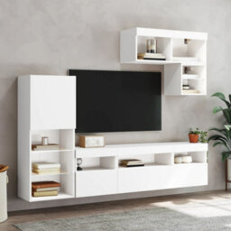 Berkfield 6 Piece Tv Wall Units With Led White Engineered Wood - thumbnail 4