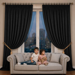 Oxford Homeware Plain Black 230Gsm Blackout Curtain Thermal Insulated Pencil Pleat For Living Room Curtain Pair (W)228Cmx(L)228Cm - thumbnail 7