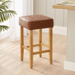 The Furniture Market Toft Tan Brown Faux Leather Kitchen Counter Bar Stool 68Cm Seat Height Tufted Cushion Natural Oak Colour Hardwood Legs