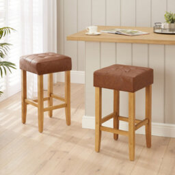 The Furniture Market Toft Tan Brown Faux Leather Kitchen Counter Bar Stool 68Cm Seat Height Tufted Cushion Natural Oak Colour Hardwood Legs - thumbnail 2