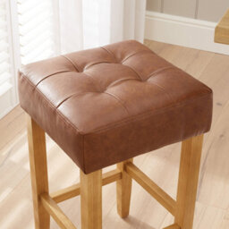 The Furniture Market Toft Tan Brown Faux Leather Kitchen Counter Bar Stool 68Cm Seat Height Tufted Cushion Natural Oak Colour Hardwood Legs - thumbnail 3
