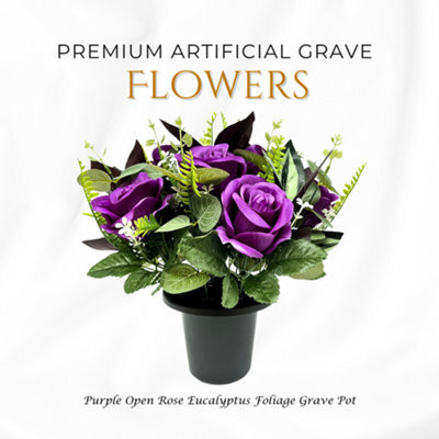Premium Artificial Grave Flowers - Purple Open Roses With Eucalyptus (25Cm) Memorial Vase Pot - image 1