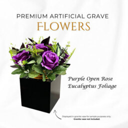 Premium Artificial Grave Flowers - Purple Open Roses With Eucalyptus (25Cm) Memorial Vase Pot - thumbnail 2