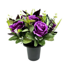 Premium Artificial Grave Flowers - Purple Open Roses With Eucalyptus (25Cm) Memorial Vase Pot - thumbnail 3